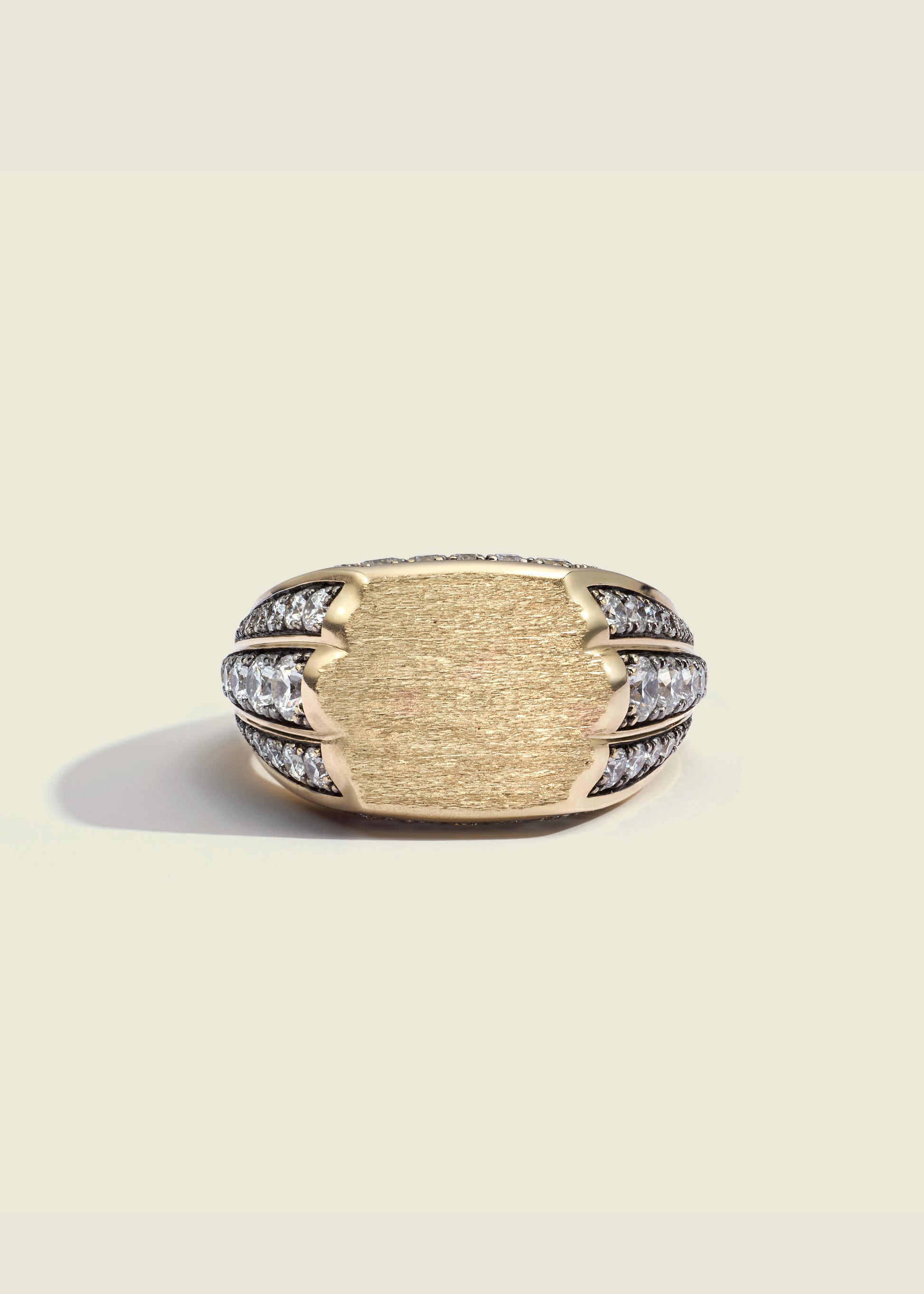 Lucy Delius natural white diamond antique finish 14ct gold ring, close-up detail