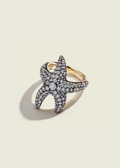 Lucy Delius natural white diamond antique finish 14ct gold ring, front view
