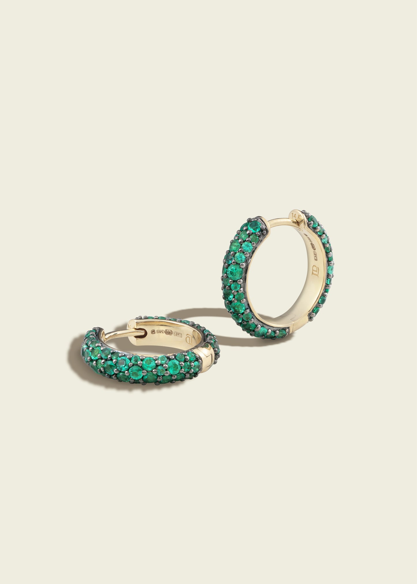 Lucy Delius emerald antique finish 14ct gold earrings, front view