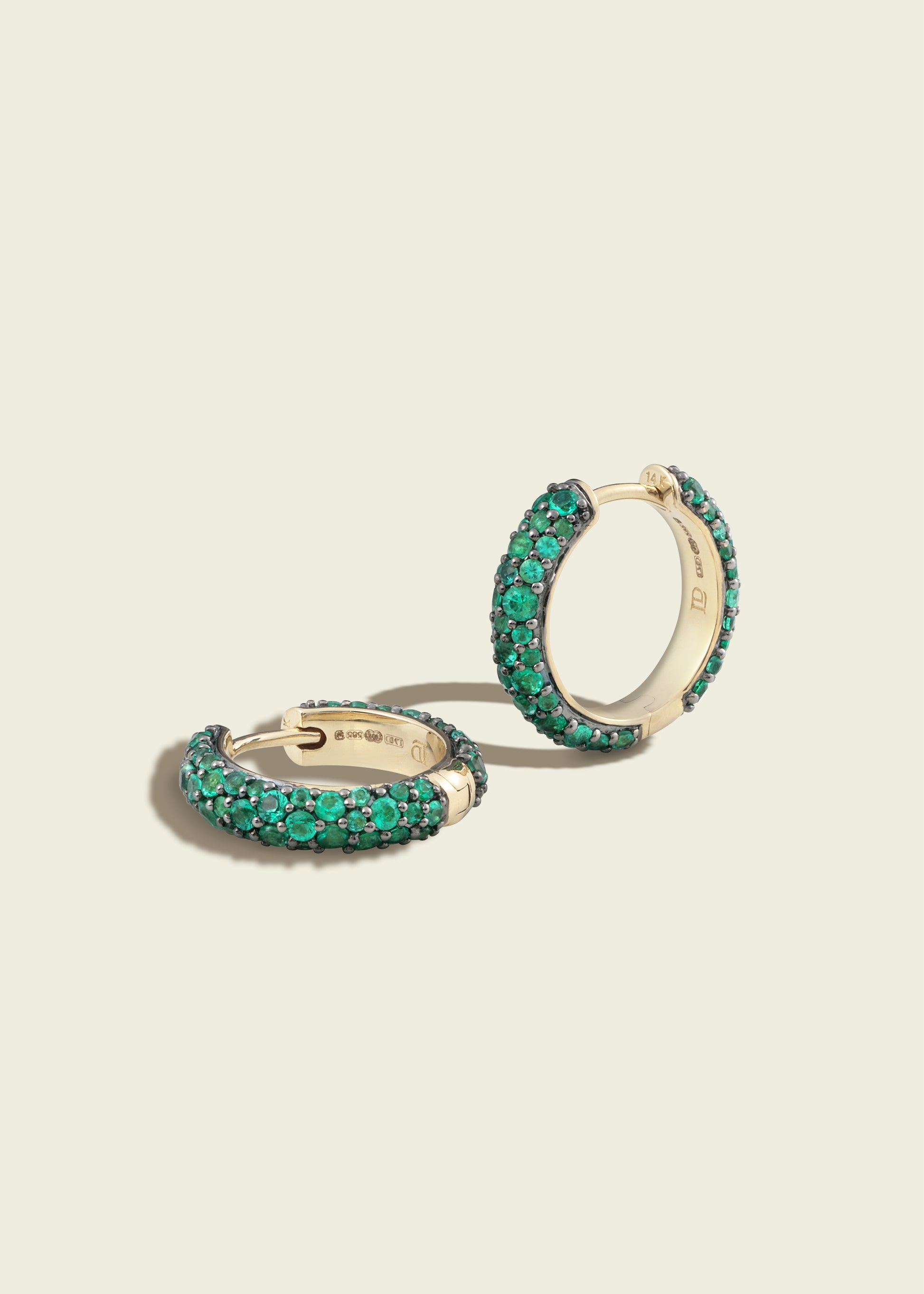 Lucy Delius emerald antique finish 14ct gold earrings, front view
