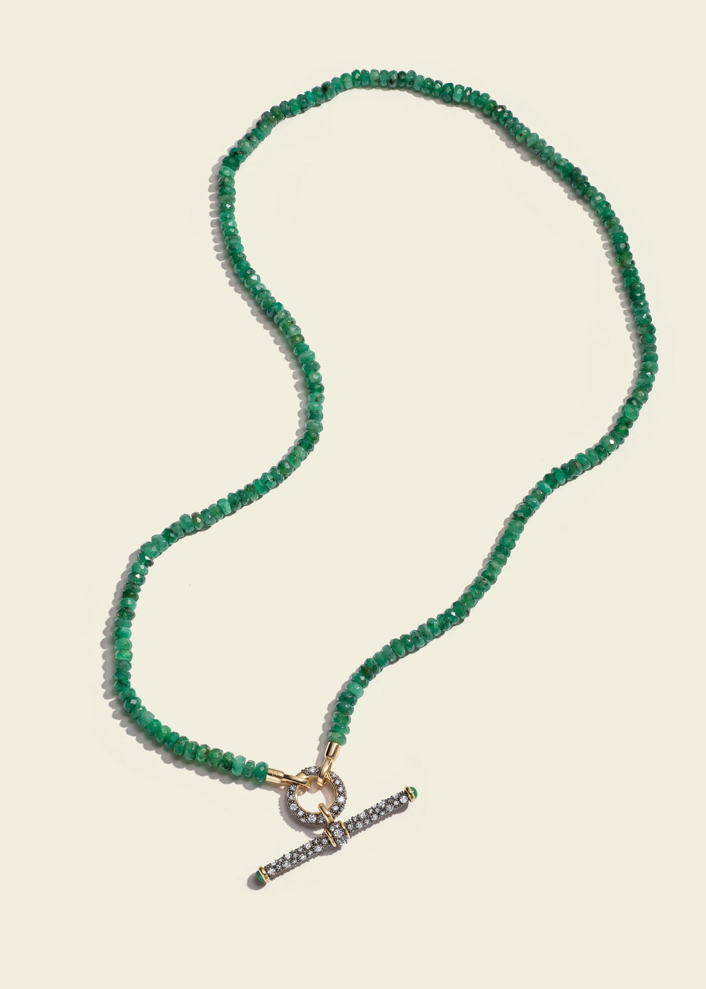 Lucy Delius emerald polished 14ct gold necklace, close-up detail