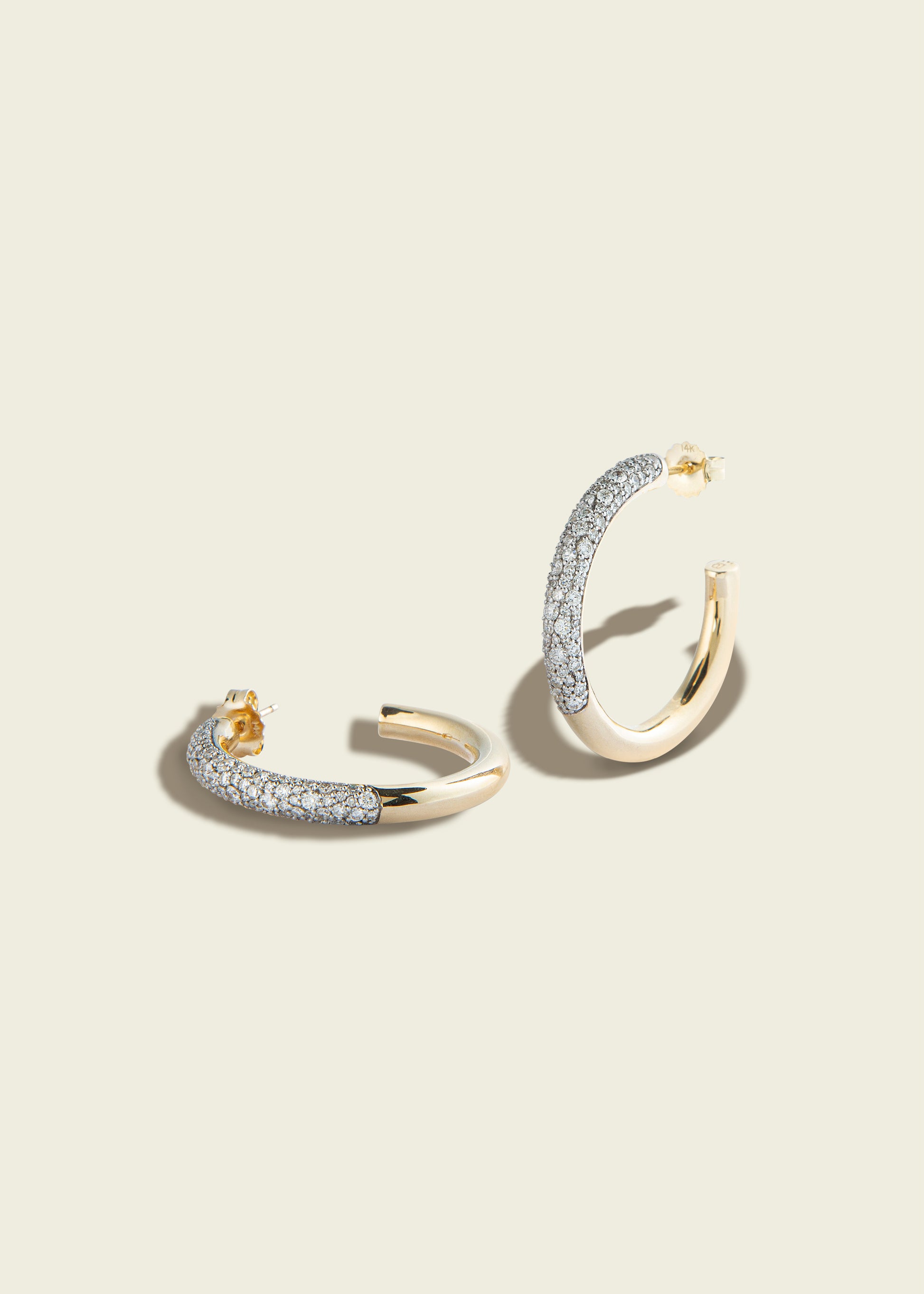 Lucy Delius natural white diamond modern finish 14ct gold earrings, front view