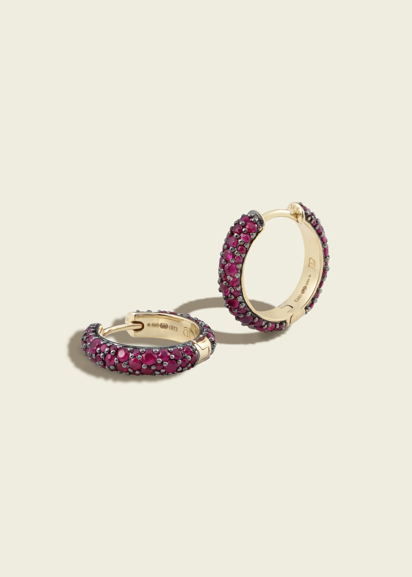 Lucy Delius ruby antique finish 14ct gold earrings, front view