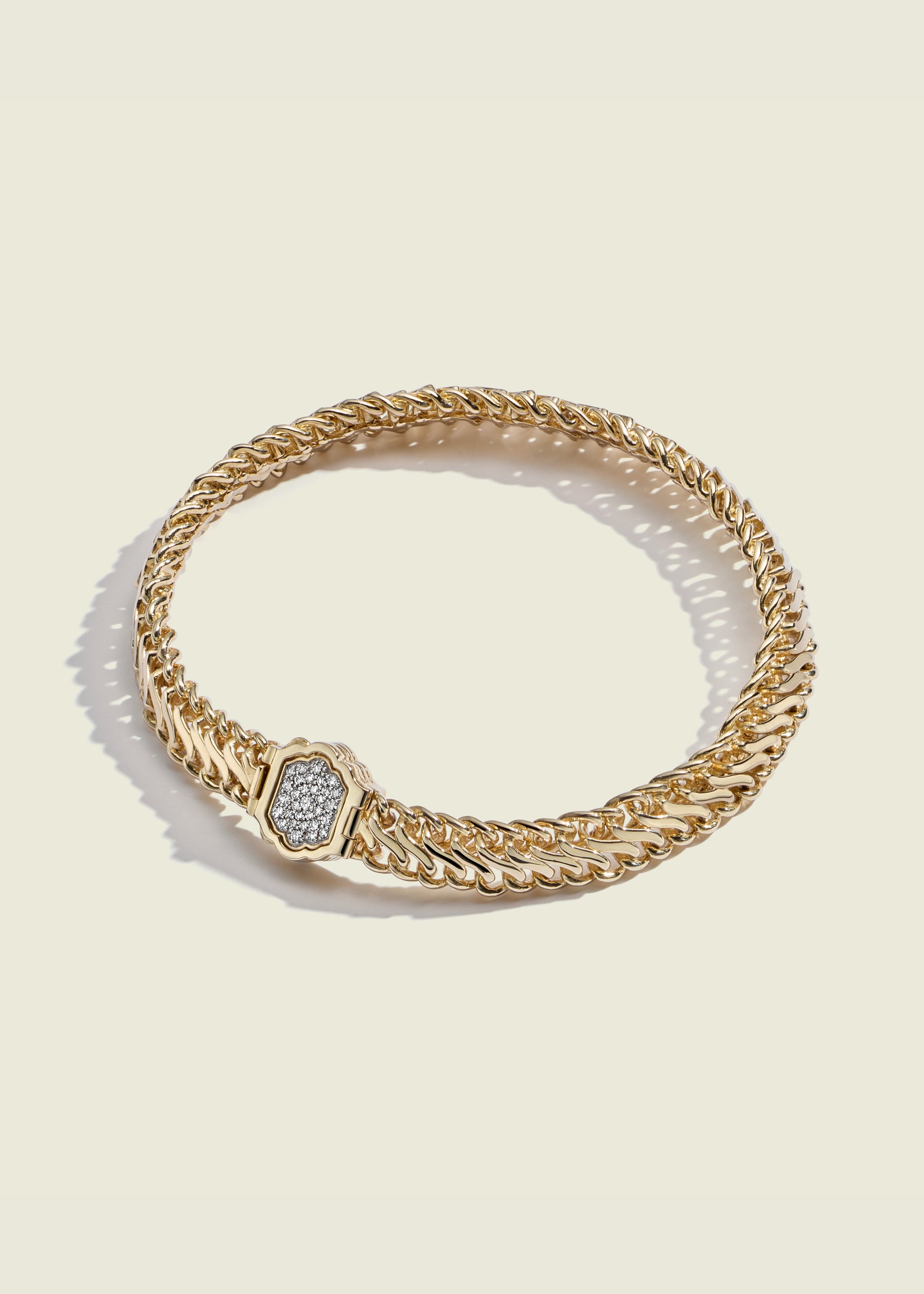 Lucy Delius natural white diamond polished 14ct gold bracelet, front view