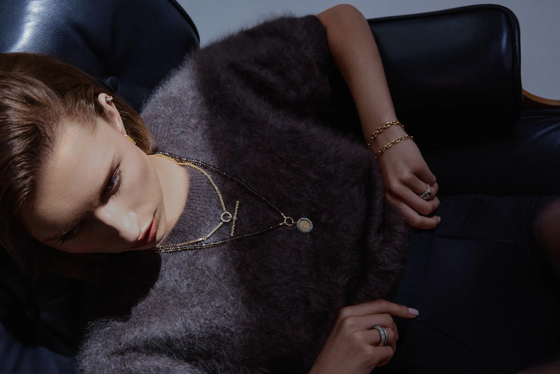 Lucy Delius natural white diamond modern finish 14ct gold bracelet, flat lay product shot