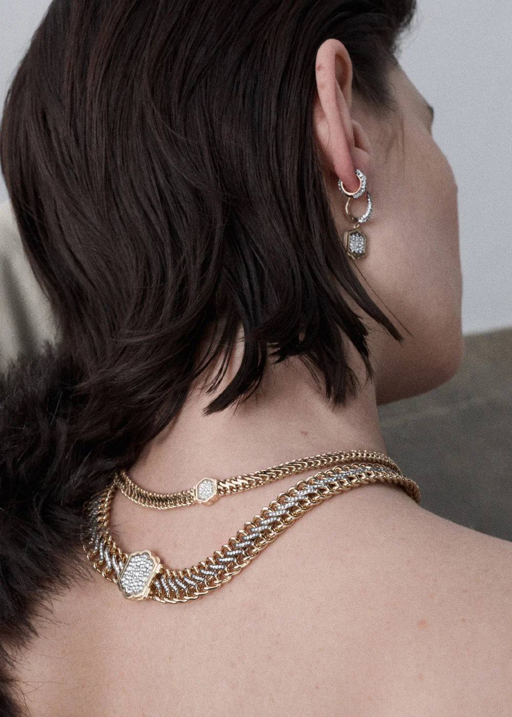 Lucy Delius natural white diamond polished 14ct gold necklace, lifestyle shot