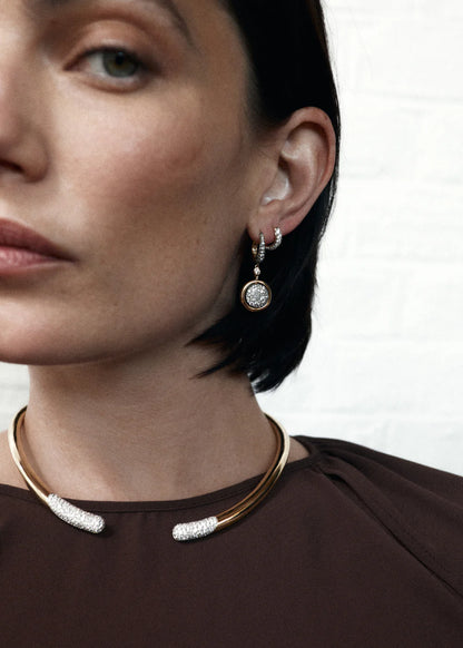Lucy Delius natural white diamond antique finish 14ct gold earrings, worn on model