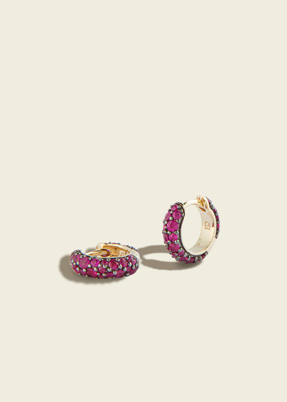 Lucy Delius ruby antique finish 14ct gold huggie earrings, front view