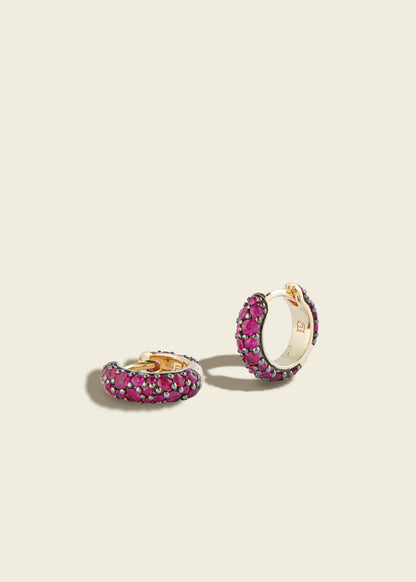 Lucy Delius ruby antique finish 14ct gold huggie earrings, front view