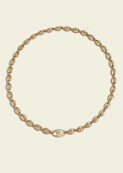 Lucy Delius polished 14ct gold necklace, front view