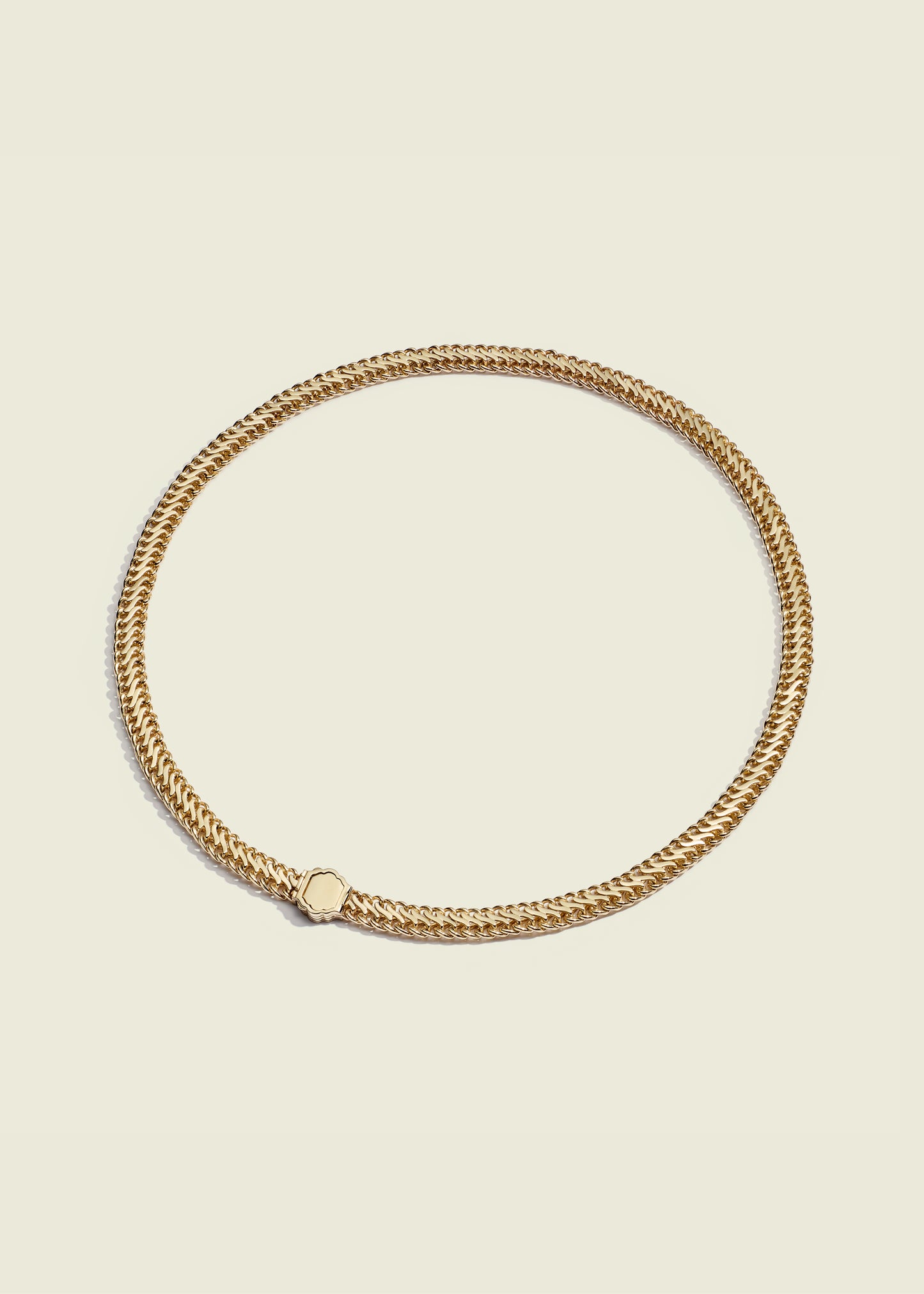 Lucy Delius polished 14ct gold necklace, front view