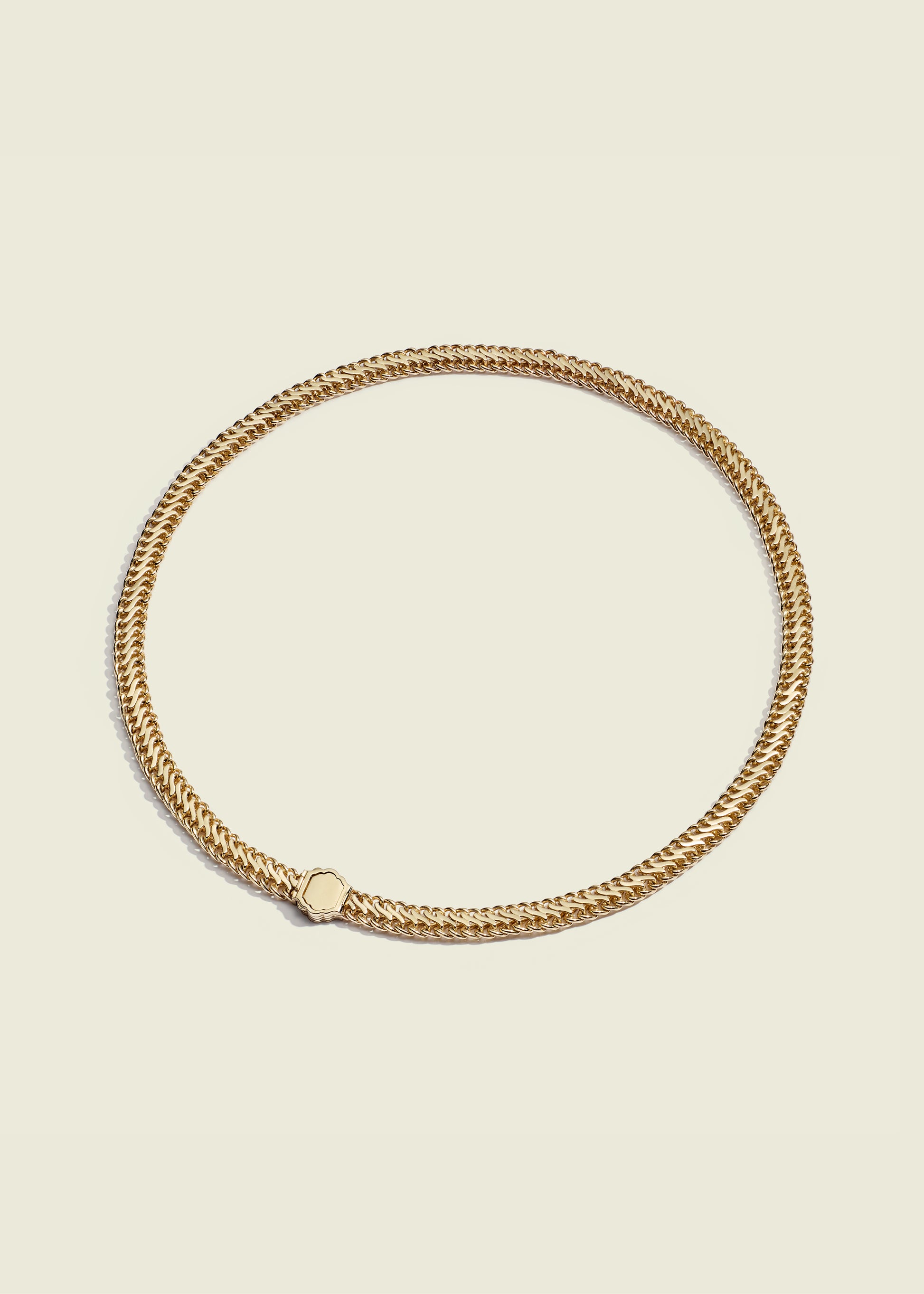 Lucy Delius polished 14ct gold necklace, front view